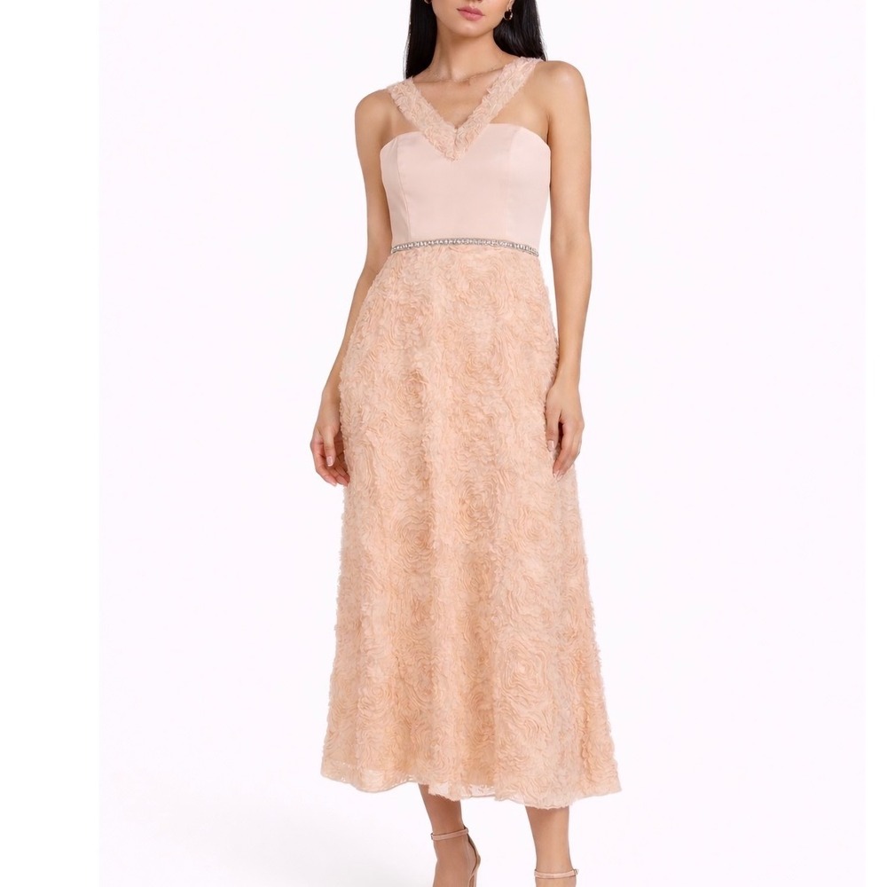 Betsy Adam Dress Women 14 Peach Rosette‎ Textured Rhinestone Waist Midi Formal